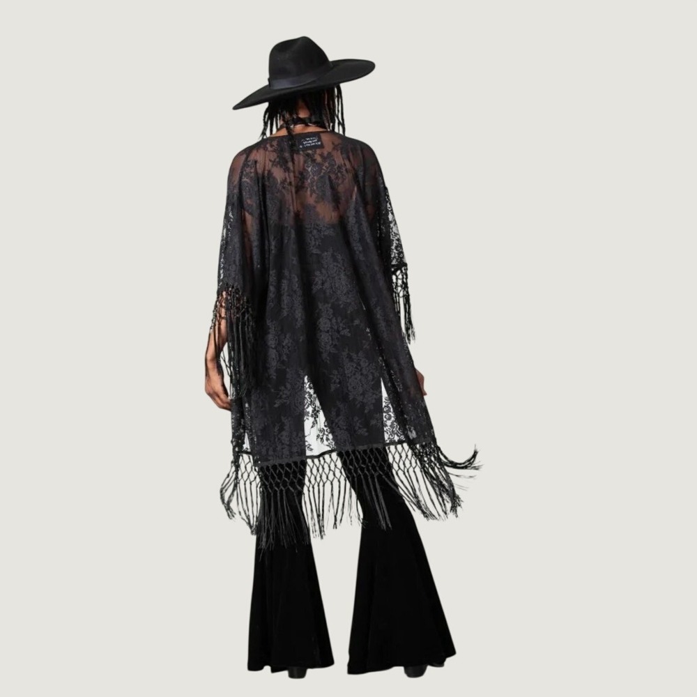 Killstar Kimono Witch Hazel, Black Fringe, Large, Goth Grunge Darkboho Festival
